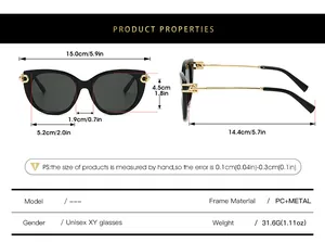 Size chart showing frames dimensions of 15.0cm width for cat eye sunglasses