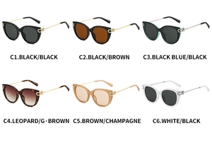 Cat-eye sunglasses collection with metal temples in black, leopard, and champagne tones