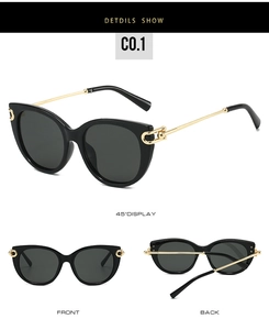 Detailed views of cat eye sunglasses with black frames and gold metal U-shaped chain hinges