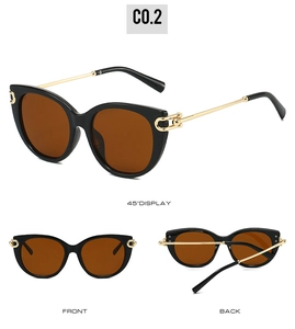 Detailed views of black cat-eye sunglasses with golden C-shaped metal hinge accents