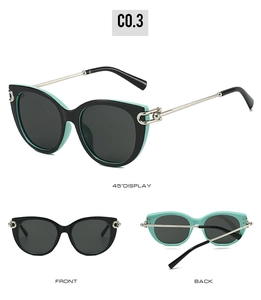 Detailed views of cat-eye sunglasses with mint blue lining and silver metal temples