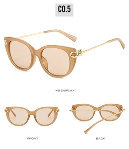 Multi-angle view of tortoiseshell cat-eye sunglasses with gold metal chain temples