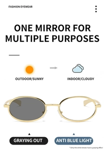 Detail of oval metal sunglasses showing photochromic and anti-blue light lens functions