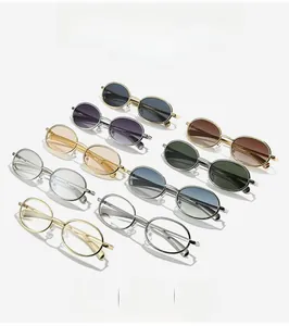 Multiple color variations of retro oval metal sunglasses with diverse lens tints