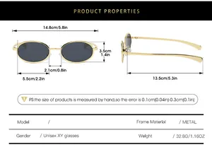 Detailed size chart of oval metal sunglasses with measurements and technical specifications