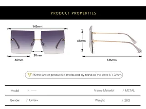 Detailed size chart for oversized rimless square sunglasses with dimensions and metal frame specs