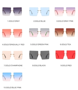 Flat lay of square rimless sunglasses in multiple gradient colors with gold temples