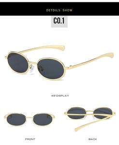 Detail view of oval gold metal sunglasses with black lenses and slim temples