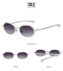 Detailed views of vintage oval metal sunglasses with gradient lenses and slim temples