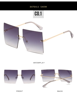 Detail of rimless square sunglasses with purple gradient lenses and gold metal temples