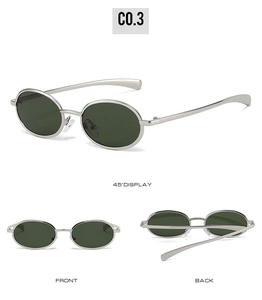 Detailed views of silver metal oval sunglasses with dark green lenses and slim temples