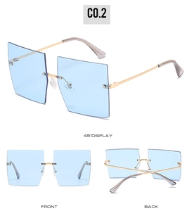 Multi-angle view of rimless square sunglasses with light blue lenses and gold metal temples
