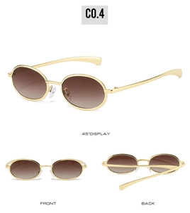 Three perspectives showing golden metal oval sunglasses with gradient brown lenses