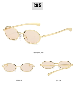 Three views of retro oval metal sunglasses with golden frames and light orange lenses