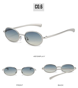 Detailed views of silver metal oval sunglasses with gradient lenses in three angles