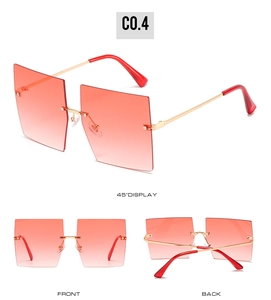 Three-angle display of square rimless sunglasses with red gradient lenses and gold frame