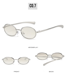 Detail view of oval metal sunglasses showing front, back and 45-degree side angles
