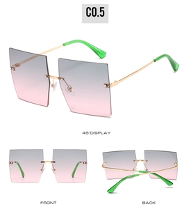 Detailed views of rimless square sunglasses with gradient grey-pink lenses and gold metal temples