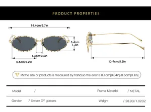 Tabla de tallas para gafas de sol ovaladas de metal con diamantes y medidas en cm y pulgadas