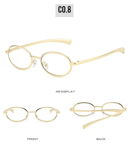 Three-way detail view of gold oval metal sunglasses frames with vintage slim temples
