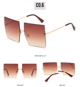 Three views of oversized rimless square sunglasses with gradient brown lenses and gold temples