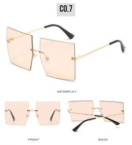 Three-angle views of rimless square sunglasses with champagne lenses and gold temples