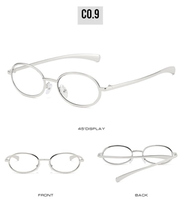 Three views of silver oval metal frame sunglasses showing front, back, and 45-degree angle