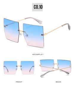 Detailed multi-angle views of rimless square sunglasses with blue-pink gradient lenses