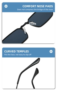 Detail of comfortable nose pads and anti-slip curved temples on black square sunglasses
