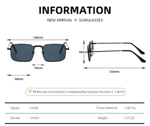 Detailed dimension guide for unisex square metal sunglasses with specific measurements