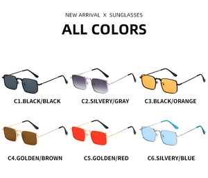 Detailed grid view of square metal sunglasses in six different lens and frame colors
