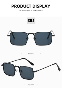 Front and 45-degree side views of black square metal frame sunglasses with gray lenses