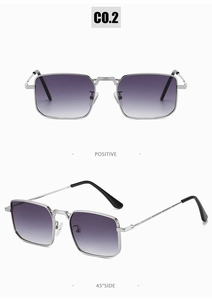 Detail view of silver rectangular metal sunglasses with purple gradient lenses and soft nose pads