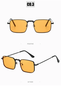 Detail view of square metal sunglasses with orange lenses showing front and 45-degree angles