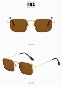 Detailed front and side views of rectangular gold metal sunglasses with dark brown lenses
