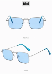Detail view showing front and 45-degree angle of silver metal square frame sunglasses