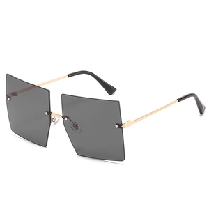Fashion oversized rimless square sunglasses with gold metal frame and dark grey lenses