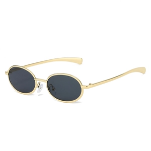 Retro small oval metal sunglasses with sleek gold frame and dark lenses for men and women
