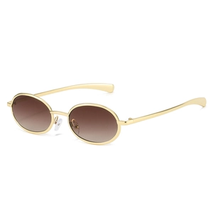 Retro oval metal sunglasses with gold frame and brown gradient lenses for men and women