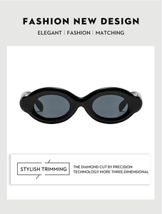 Detail of oval thick frame sunglasses with premium 3D diamond cut and dark grey lenses