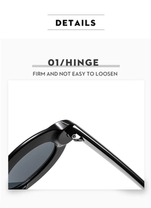 Close-up of durable metal hinge on thick frame oval sunglasses with firm screw connection