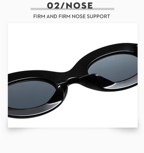 Detail of the firm nose support on thick oval sunglasses with glossy black frames