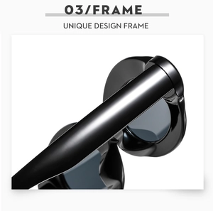 Detail view of the thick oval sunglasses frame showing the unique bubble design and hinge