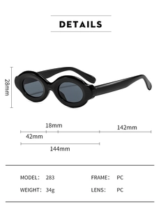 Detailed dimension chart showing frame measurements for chunky oval bubble sunglasses