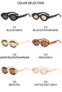 Selection of six thick-frame bubble oval sunglasses in diverse colors for a retro Y2K look