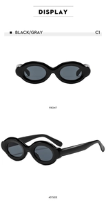 Front and side view of thick oval sunglasses with black frames and gray lenses