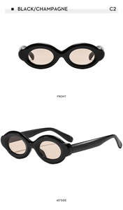 Detailed front and side views of chunky bubble oval sunglasses in black and champagne