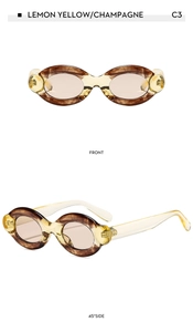 Detailed front and side views of chunky oval sunglasses in tortoise shell and champagne