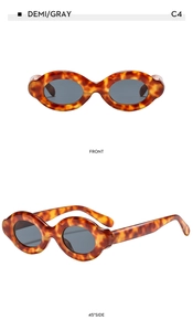 Detailed front and side views of demi oval sunglasses with classic gray lenses