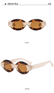 Front and 45-degree side view of oval sunglasses in demi and creamy white mix
